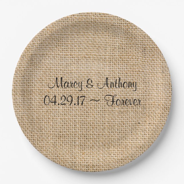 Rustic Wedding Burlap Personalized Names Date Paper Plate (Front)