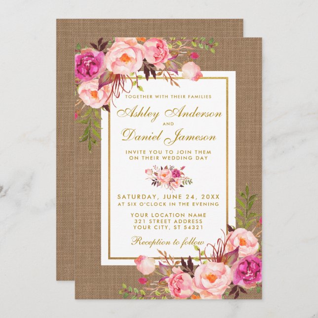 Rustic Wedding Burlap Pink Floral Wedding Invite (Front/Back)