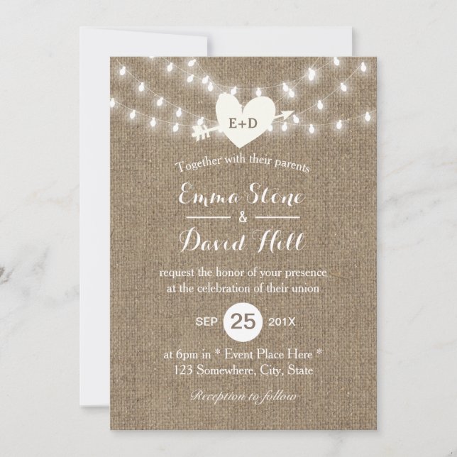 Rustic Wedding Burlap String Lights Arrow & Heart Invitation (Front)