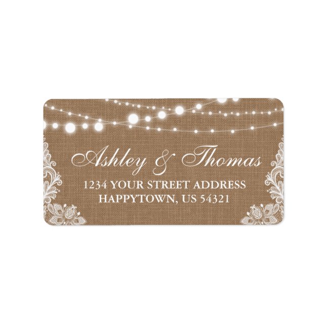 Rustic Wedding Burlap String Lights Lace Address Label (Front)