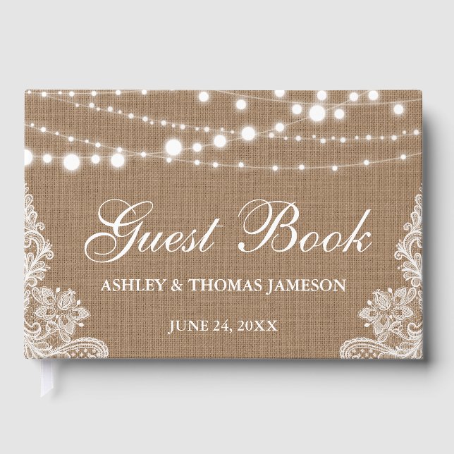 Rustic Wedding Burlap String Lights Lace Guest Book (Front)