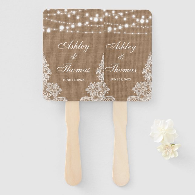 Rustic Wedding Burlap String Lights Lace Hand Fan (Front and Back)