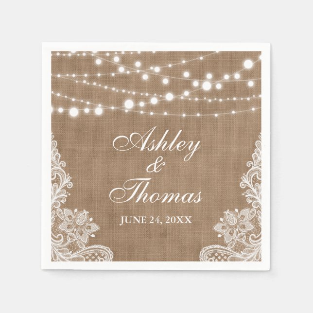 Rustic Wedding Burlap String Lights Lace Napkin (Front)