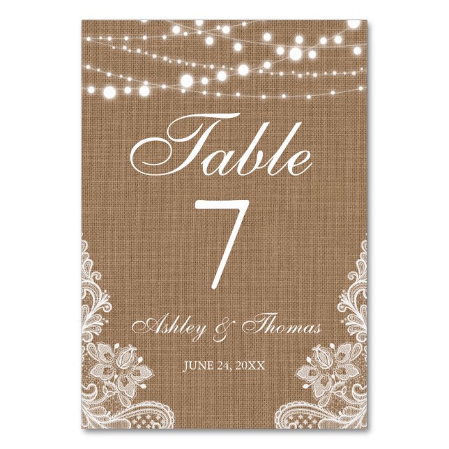 Rustic Wedding Burlap String Lights Lace Table Number (Front)