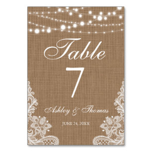 Rustic Wedding Burlap String Lights Lace Table Table Number