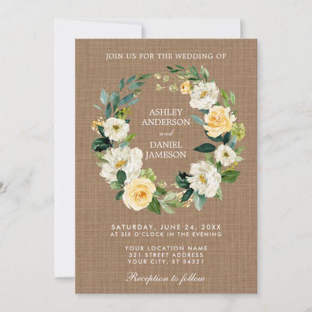 Rustic Wedding Burlap Yellow White Floral Wreath Invitation (Front)
