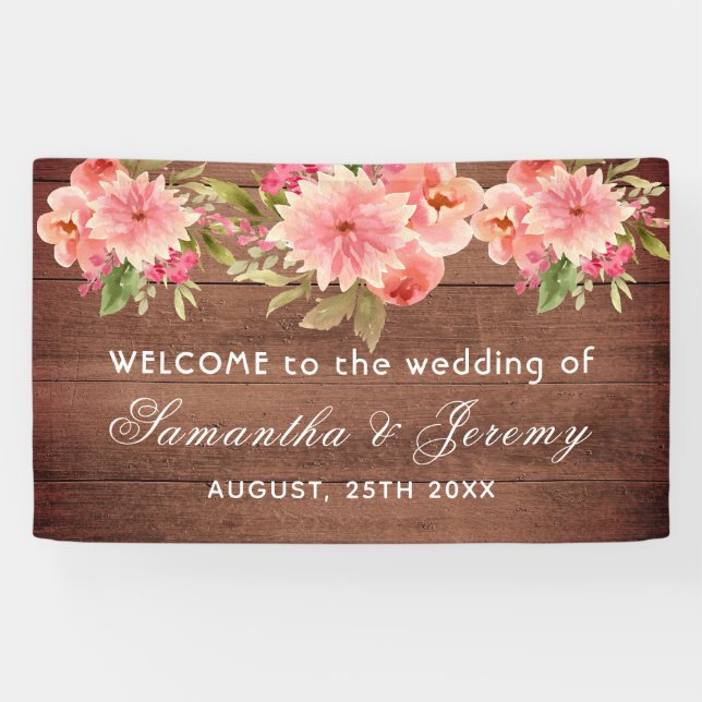 Rustic wedding coral dahlia flowers brown wall banner (Horizontal)