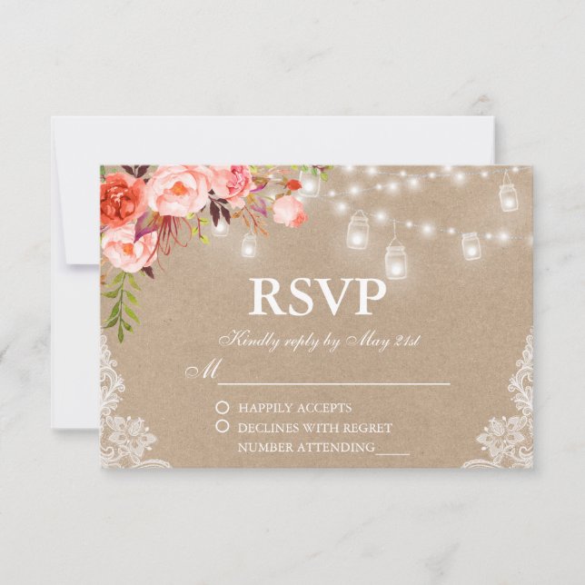 Rustic Wedding Coral Floral Lights Jars Kraft RSVP (Front)