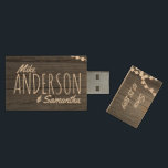 Rustic Wedding Couple's Names Date Personalized Wood USB Flash Drive<br><div class="desc">Faux barn wood string lights rustic wedding USB gift. Personalize it with couple's names & wedding date. Click customize it button to change fonts,  adjust the text size... .etc.</div>