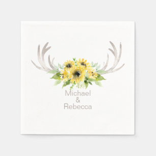 Rustic Wedding Deer Antlers Sunflowers Monogram Napkin