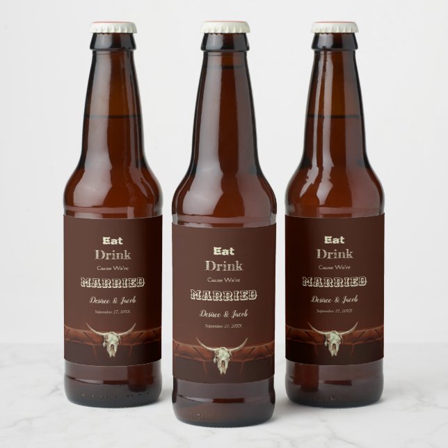 Rustic Wedding Eat Drink Married Bull Skull Beer Bottle Label (Bottles)