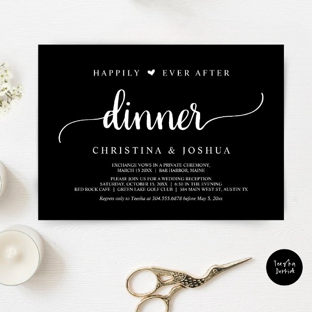 Rustic Wedding Elopement Happily Ever After Dinner Invitation (Happily Ever After Dinner Invitation Card, Modern Elopement Rustic Script, PDF, Elegant Black)
