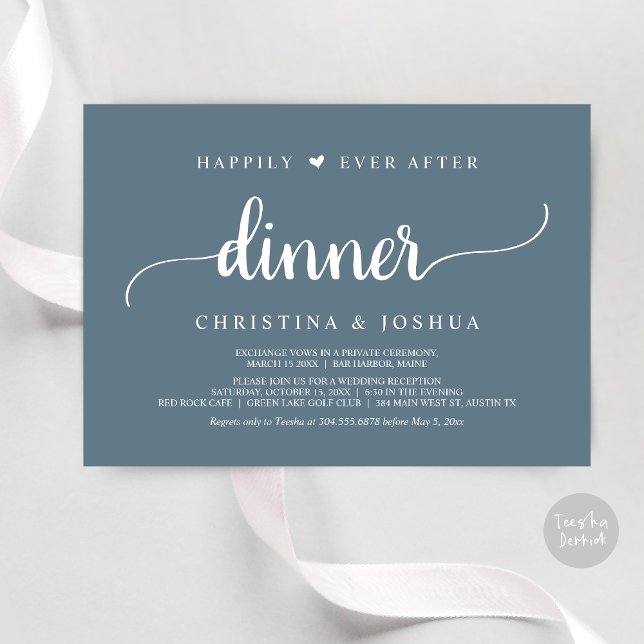 Rustic Wedding Elopement Happily Ever After Dinner Invitation (Happily Ever After Dinner Invitation Card, Modern Elopement Rustic Script, PDF, Dusty Blue)