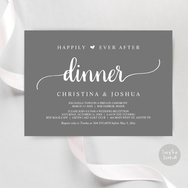 Rustic Wedding Elopement Happily Ever After Dinner Invitation (Happily Ever After Dinner Invitation Card, Modern Elopement Rustic Script, PDF, Dark Grey)