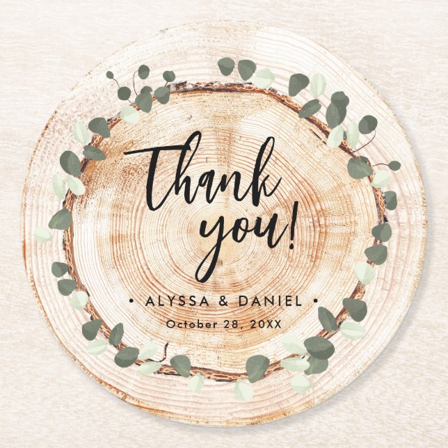 Rustic Wedding Eucalyptus Wood Grain Slice Custom Round Paper Coaster (Front)