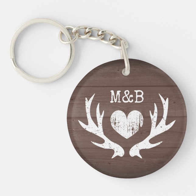 Rustic wedding favour deer antler brown wood print keychain (Front)
