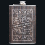 Rustic Wedding Flask – Best Man Gift<br><div class="desc">Celebrate your best man with this rustic and stylish personalized hip flask, featuring an engraved-look design on a dark woodgrain background. Customizable with the best man's name and your wedding date, this flask makes a perfect keepsake or proposal gift for the guy standing by your side. The elegant scrollwork and...</div>