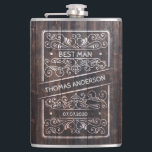 Rustic Wedding Flask – Best Man Gift<br><div class="desc">Celebrate your best man with this rustic and stylish personalized hip flask, featuring an engraved-look design on a dark woodgrain background. Customizable with the best man's name and your wedding date, this flask makes a perfect keepsake or proposal gift for the guy standing by your side. The elegant scrollwork and...</div>
