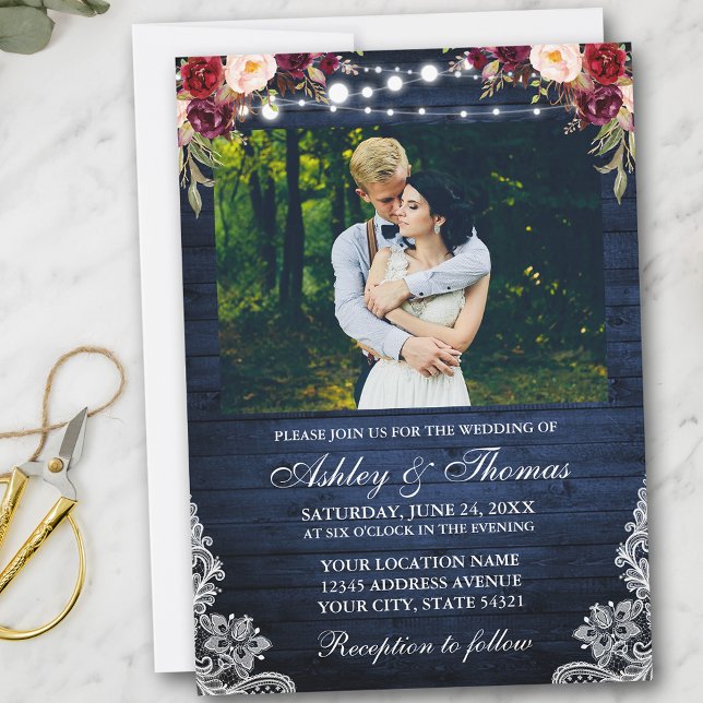 Rustic Wedding Floral Blue Wood Lights Lace Photo Invitation (Customize to add more text or more photos to back of card.)