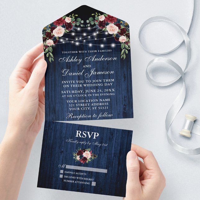 Rustic Wedding Floral Burgundy Blue Wood Lights All In One Invitation (All In One Wedding Invitation with tear off RSVP Card)