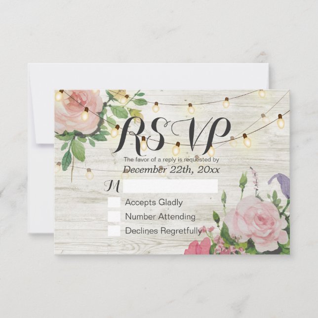 Rustic Wedding Floral Wood String Light RSVP Reply Card (Front)