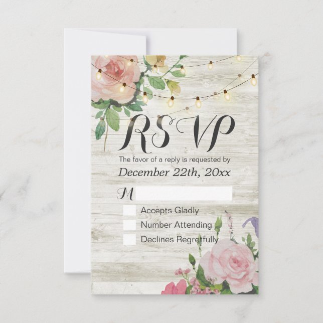 Rustic Wedding Floral Wood String Light RSVP Reply Card (Front)