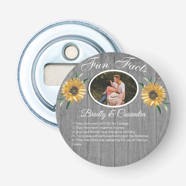 Rustic Wedding Fun Facts Sunflower Grey Wood   Bottle Opener (Front)