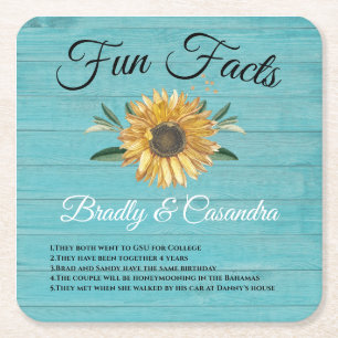 Rustic Wedding Fun Facts Sunflower Light Teal Wood Square Paper Coaster