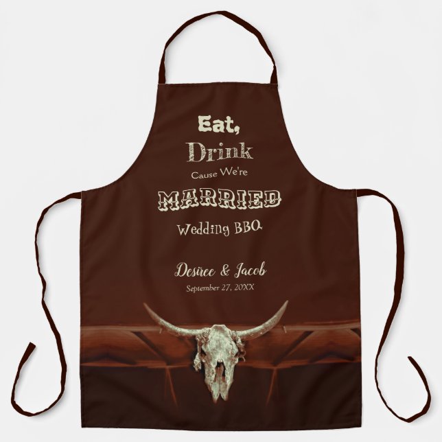 Rustic Wedding Funny Bull Skull Brown Western Apron (Front)