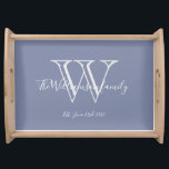 Rustic Wedding Gift Monogram Family Name Blue  Serving Tray<br><div class="desc">Rustic Wedding Gift Monogram Family Name Simple Elegant Light Blue Serving Tray. Personalized monogram initial, with the family's last name or your name and established date in white script lettering on a light blue background. A unique gift for weddings, newlyweds, and bridal shower gifts. It is lovely for their new...</div>