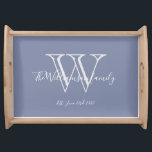 Rustic Wedding Gift Monogram Family Name Blue  Serving Tray<br><div class="desc">Rustic Wedding Gift Monogram Family Name Simple Elegant Light Blue Serving Tray. Personalized monogram initial, with the family's last name or your name and established date in white script lettering on a light blue background. A unique gift for weddings, newlyweds, and bridal shower gifts. It is lovely for their new...</div>