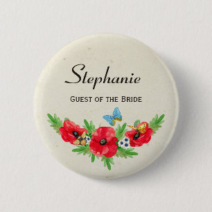 Rustic Wedding Guest Red Poppy Watercolor and Name 2 Inch Round Button