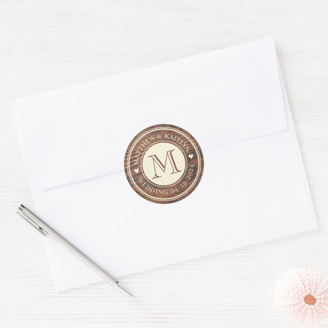 Rustic Wedding Heart Monogram in Dark Walnut Classic Round Sticker (Envelope)
