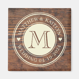 Rustic Wedding Heart Monogram in Dark Walnut Magnet