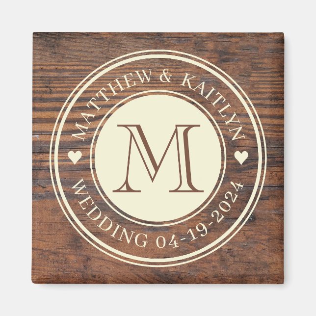 Rustic Wedding Heart Monogram in Dark Walnut Magnet (Front)