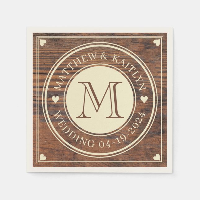 Rustic Wedding Heart Monogram in Dark Walnut Napkin (Front)