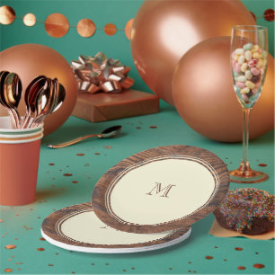 Rustic Wedding Heart Monogram in DarkWalnut Circle Paper Plate