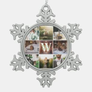 Rustic Wedding Instagram Photo Grid Wood Burlap Snowflake Pewter Christmas Ornament