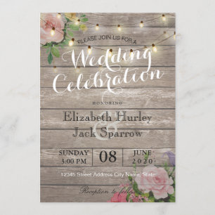 Rustic Wedding Invitation Floral Wood String Light