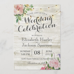 Rustic Wedding Invitation Floral Wood String Light