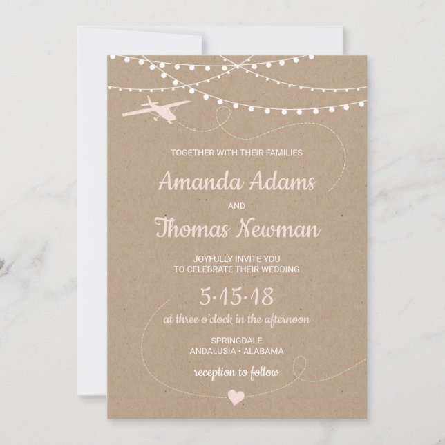 Rustic Wedding Invitation with a plane and lights (Front)