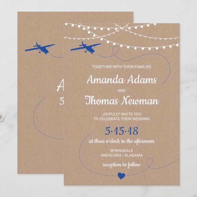 Rustic Wedding Invitation with a plane and lights (Front/Back)