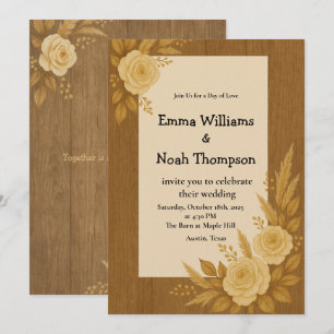 Rustic Wedding Invitation with Floral Beige Roses 