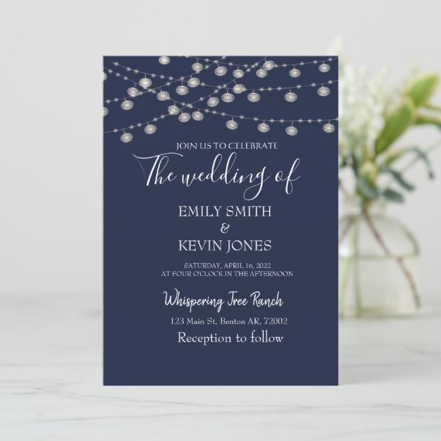 Rustic wedding invitation with string lights  (Standing Front)