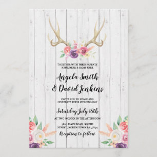 Rustic Wedding Invitations Antlers Floral Peach