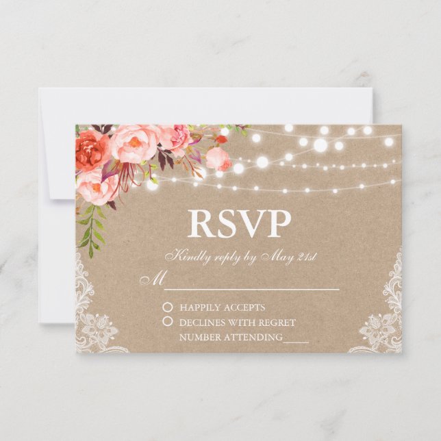 Rustic Wedding Kraft Coral Floral Lights Lace RSVP Card (Front)