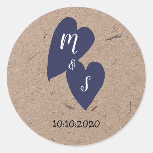 Rustic Wedding   Kraft Paper Monogram Navy Heart Classic Round Sticker