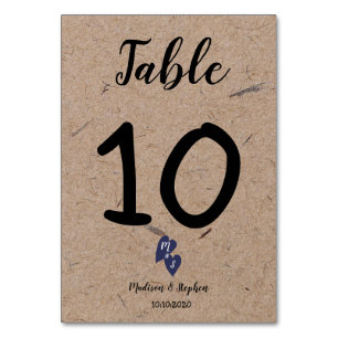 Rustic Wedding   Kraft Paper Monogram Navy Heart Table Number