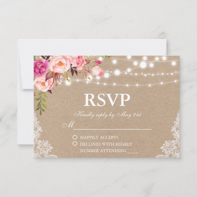 Rustic Wedding Kraft Pink Floral Lights Lace RSVP (Front)