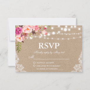 Rustic Wedding Kraft Pink Floral Lights Lace RSVP Card